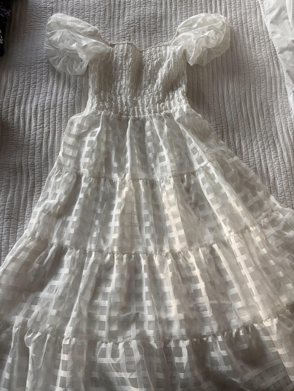White Sheer Check Tiered Smocked Waist Maxi Skirt